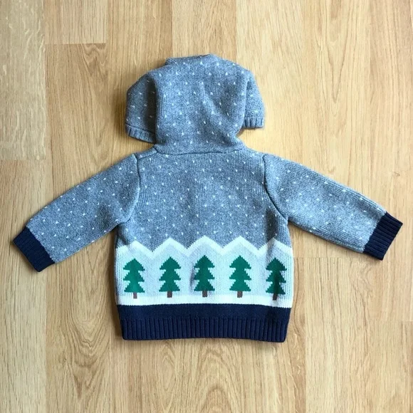 EUC Hanna Andersson Baby Boy Hooded Sweater-Gray With Buttons, Trees and Cabin - Picture 2 of 5